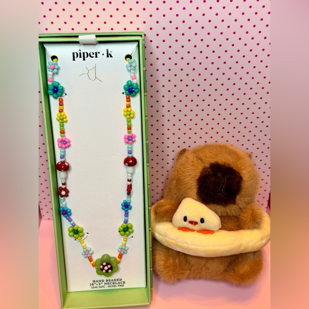 Gift Set- flower glass bead necklace and capybara plush charm
